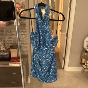 Naven Blue Sequin Halter Cocktail Dress